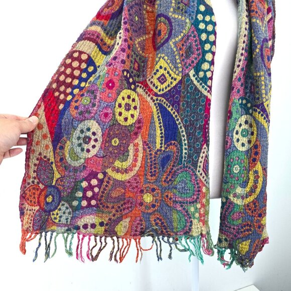 Unisex Rectangular Scarf Wrap Fringe Colorful Artsy Art to Wear - Picture 4 of 5